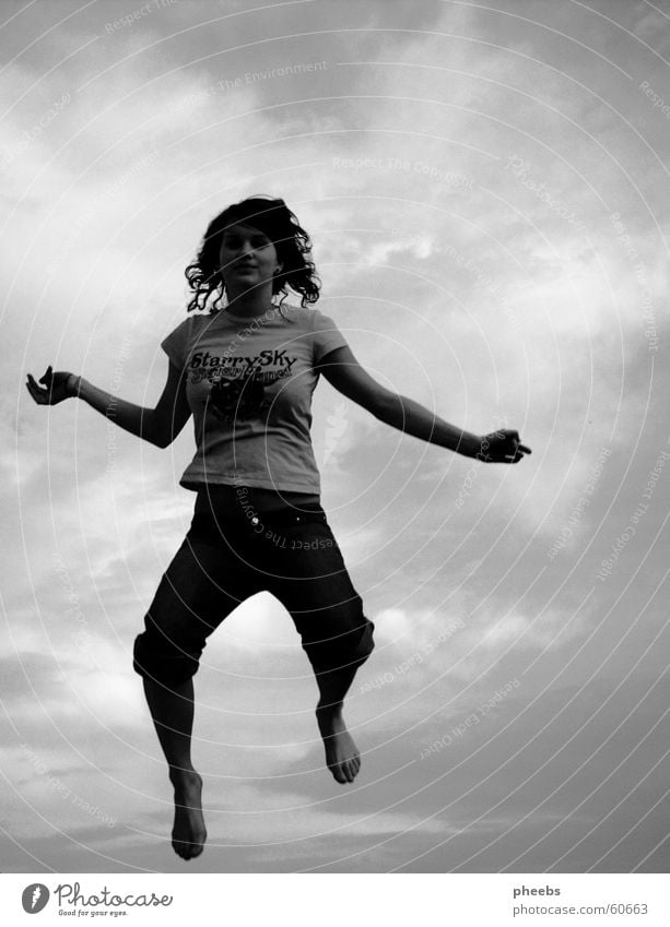 free jump Woman Black Gray White Human being Jump Clouds Moody Sky Free Freedom