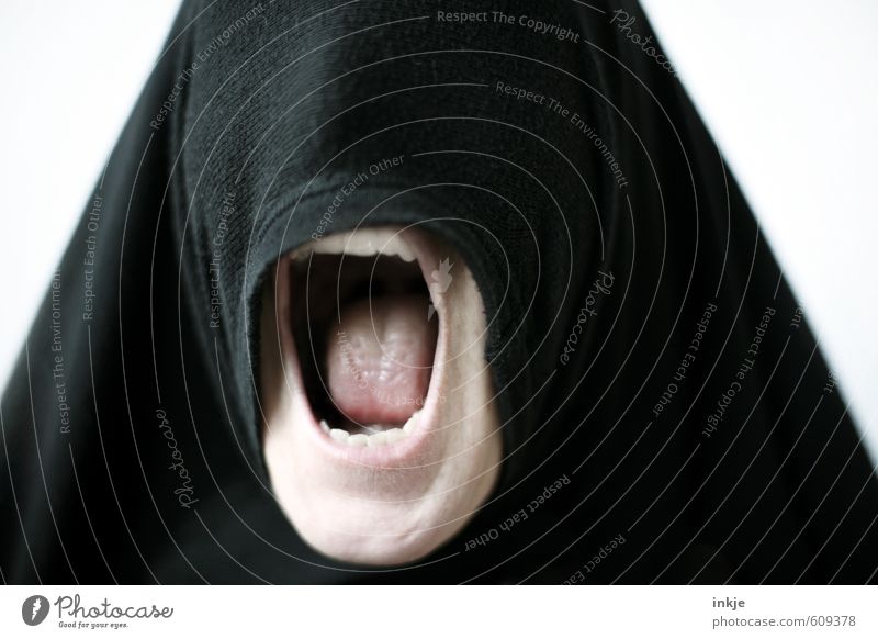 It's all a façade. Lifestyle Style Woman Adults Head Mouth Teeth 1 Human being Headscarf Burka Scream Aggression Threat Creepy Rebellious Wild Anger Black