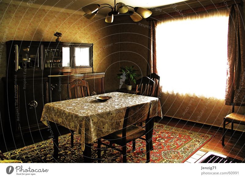 Good room. Table Cupboard Carpet Window Curtain Chair Lamp The thirties Retro Village Wallpaper Old wallpapers
