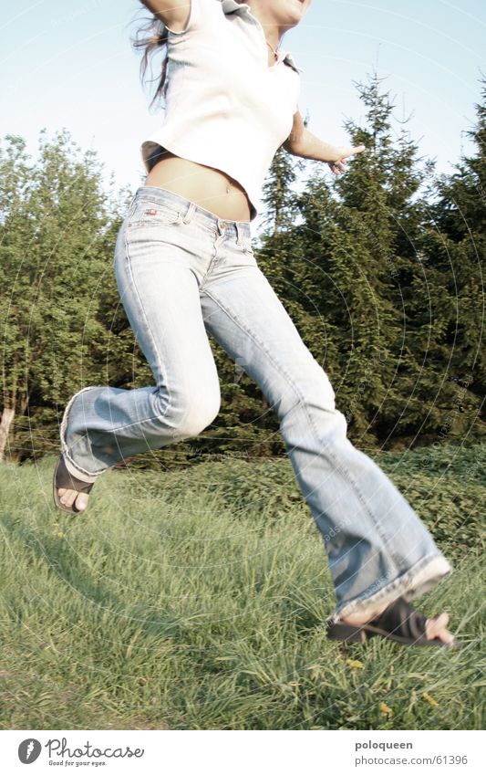 Catching The Butterfly Jump Summer Forest Green Meadow Joy Woman Pants Happiness Fir tree Footwear Sky Blue Jeans Running