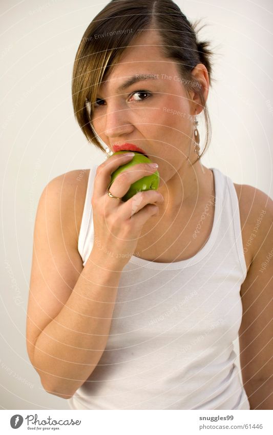 Apple with bite Juicy Sweet Crunchy Lips Red Green Portrait photograph Bite Nutrition Looking Fruit Task Alluring Bright background