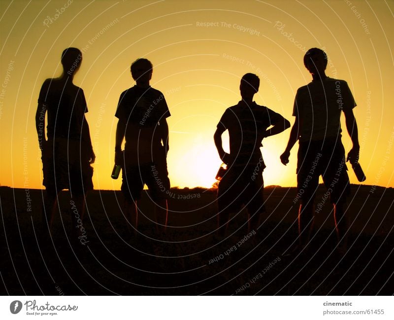 4 Companions Friendship Back-light Human being Meadow Stand Light Field Grass Beer Clothing Sunset Twilight Dark Relaxation Evening Posture Summer Group