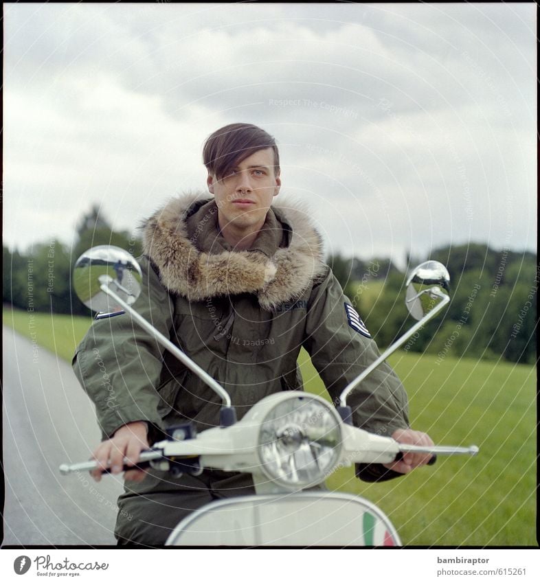 The Modernist III Lifestyle Style Masculine Young man Youth (Young adults) 1 Human being 18 - 30 years Adults Means of transport Vehicle Scooter Jacket Pelt