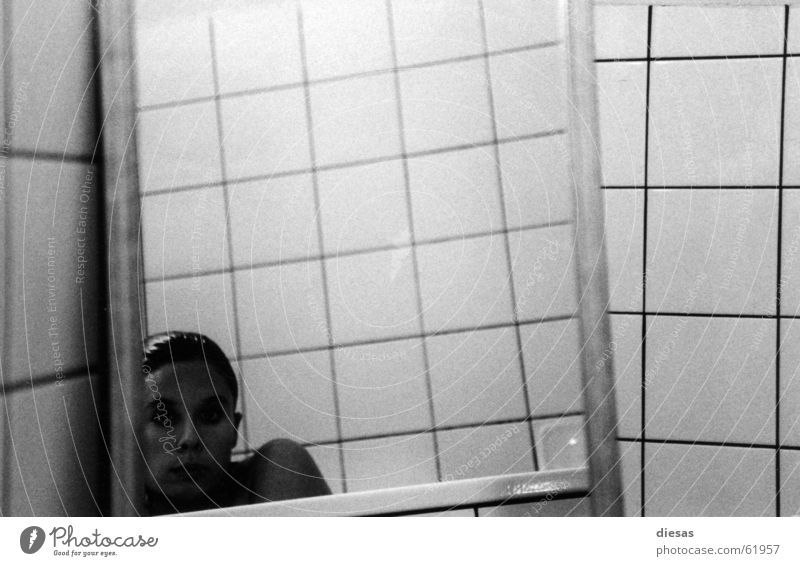 constricted Mirror Bathroom Bathtub Portrait photograph Reflection bathing bathroom Hair and hairstyles Tile