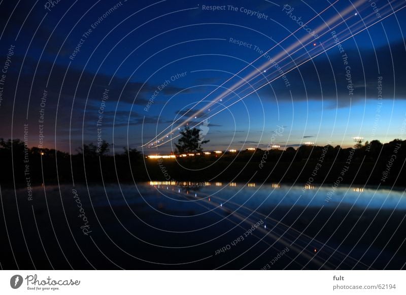 approach Long exposure Summer night Night mood Car roof Style Clouds Romance Reflection Twilight Airplane landing Airport Sky Flying Lamp Technology Münster