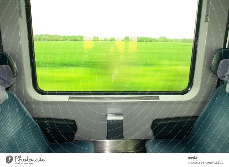 Railway Seating Window seat Public transit Roll Railroad Train compartment Green Vantage point Driving Transport Meadow Window frame Services Detail get out