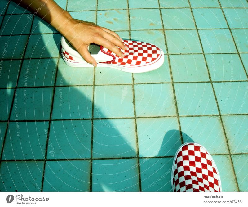 QUADRAT | shoes pool squares turquoise summer vacation Vacation & Travel Summer Delivery truck Square Checkered Footwear Swimming pool Turquoise Red White