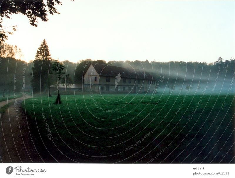 barn in the fog Fog Morning Cold House (Residential Structure) Forest Dawn Lanes & trails