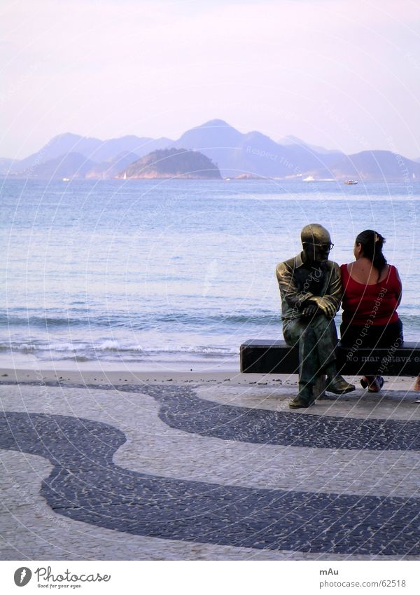 flirt Man Statue Bronze Woman Far-off places Ocean Flat Waves Pattern Black White Undulation Monument Closed Back niteroi Mountain Copacabana Cobblestones Bench