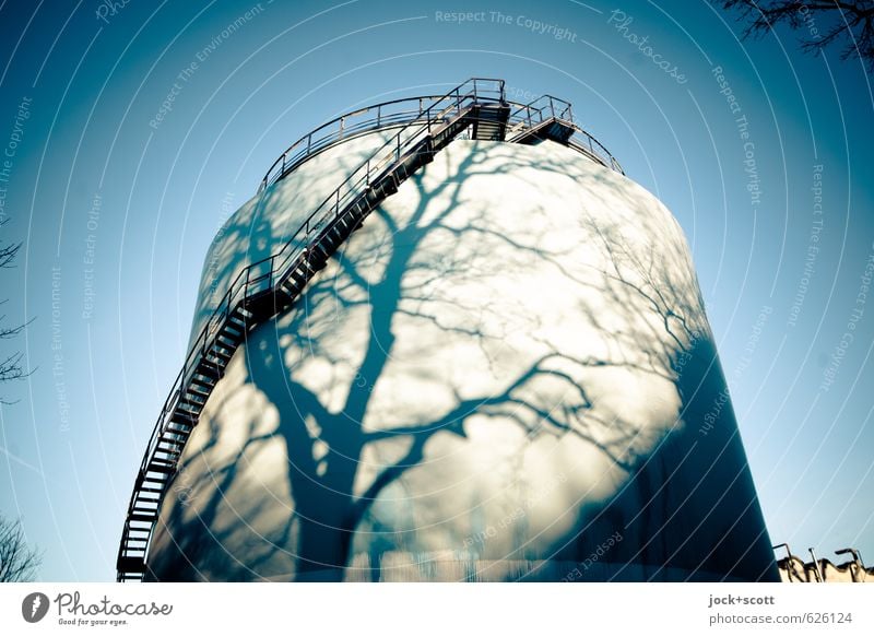 refuel naturally Energy industry Cloudless sky Tank Winter Beautiful weather Stairs Warmth Surrealism Moody Change Shadow play Time Illusion Abstract Vignetting