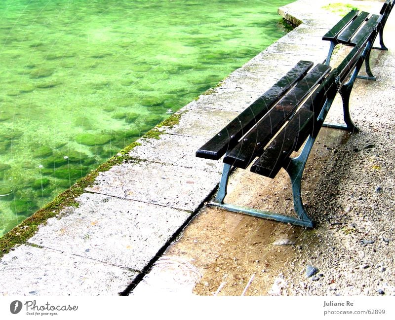 Wet park bench Calm Water Coast Lake Wood Sit Loneliness Bench unprotected Colour photo Multicoloured Exterior shot Deserted Copy Space right Copy Space top Day