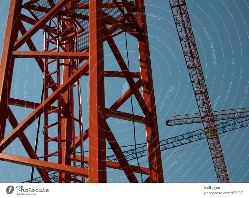 cran-ich-mag Construction crane Crane Cross Motionless Stability Steel Zigzag Scaffold Level Sky Blue Gate Ladder