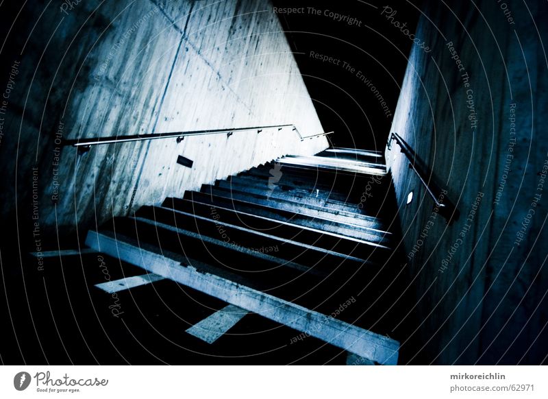 The stairs Dark Eerie Blue tone Blue tint Night Stairs Handrail Lanes & trails feared Fear departure bigway Empty