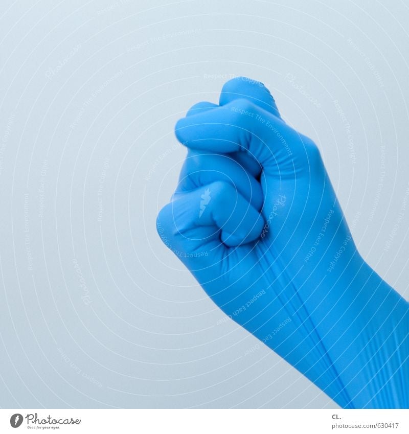 ready when you are Human being Hand Fingers 1 Gloves Blue Power Protection Safety Fist Threaten Menacing Operation Cleaning Rubber Latex gloves Colour photo