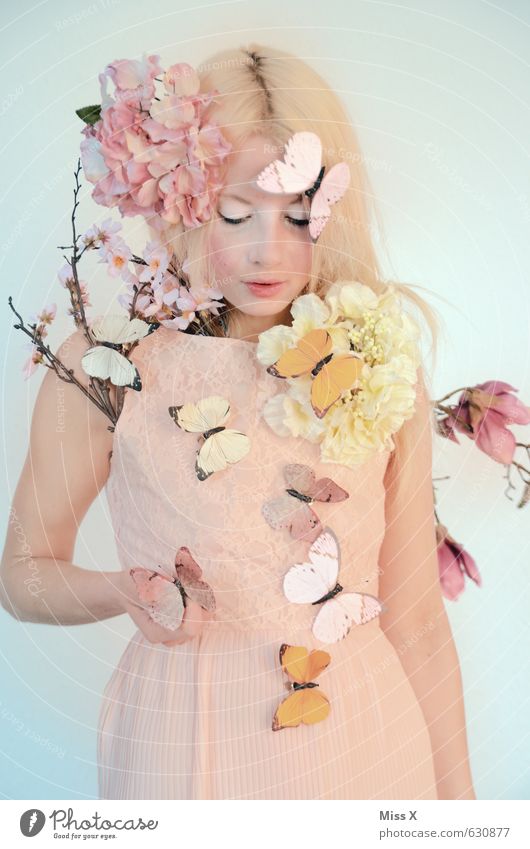 spring fairy Beautiful Human being Feminine Young woman Youth (Young adults) 1 18 - 30 years Adults Spring Flower Blossom Dress Blonde Butterfly Blossoming Pink