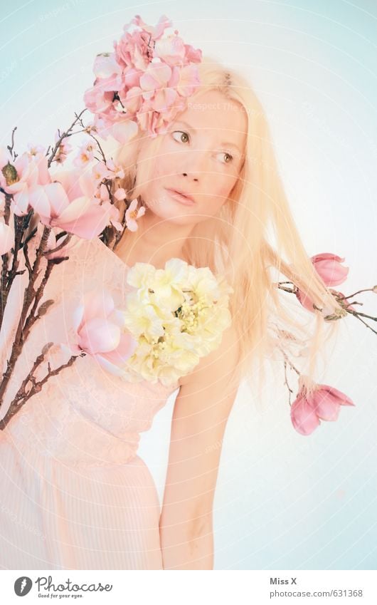 spring girl Beautiful Human being Feminine Young woman Youth (Young adults) 1 18 - 30 years Adults Nature Plant Spring Flower Blossom Dress Blonde Long-haired