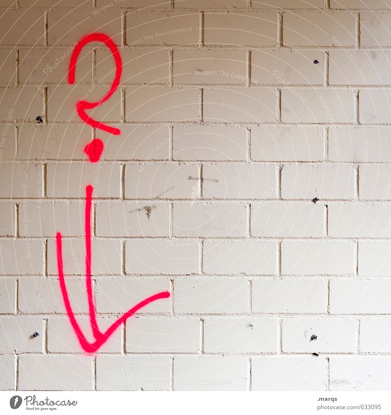 ? Wall (barrier) Wall (building) Sign Arrow Question mark Communicate Simple Red White Whimsical Ask Brick wall Construction site Colour photo Interior shot
