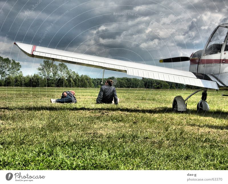 pause Airplane Meadow Man Friendship To talk Break Clouds Lie Sky