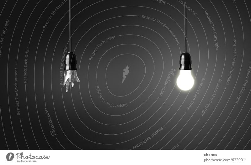 One broken and one glowing bulb Design Lamp Technology Industry Bright Green Black White Energy Idea Creativity background break Conceptual design Electric