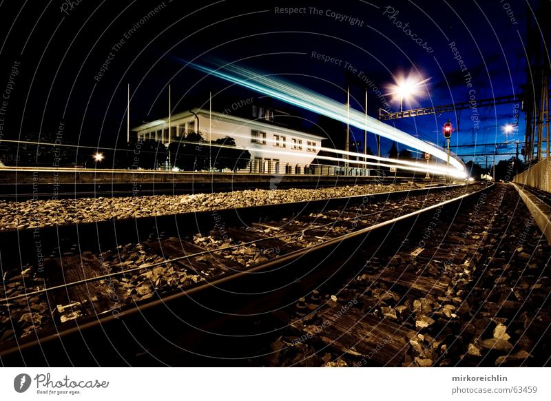 Night train. 2! Railroad Long exposure Speed Light Clear Lighting Blue bigway Sky Success Wind