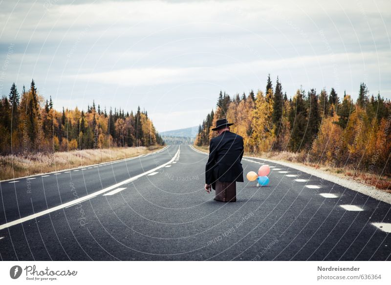 Sad man sitting on a suitcase on a lonely country road Vacation & Travel Human being Masculine Man Adults Landscape Autumn Forest Road traffic Street Suit Hat