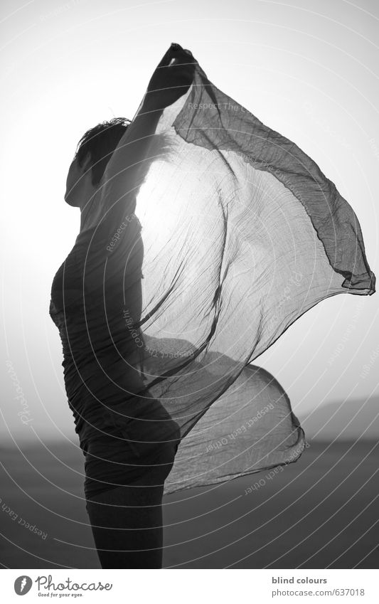 s'envoler Art Esthetic Contentment Woman Woman's body Rag Blow Desert Sand Eroticism Wind Black & white photo Exterior shot Macro (Extreme close-up)