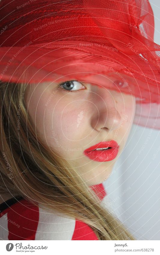 The girl in the red hat. Human being Feminine Girl Young woman Youth (Young adults) Face 1 13 - 18 years Child Fashion Accessory Hat Blonde Long-haired Elegant