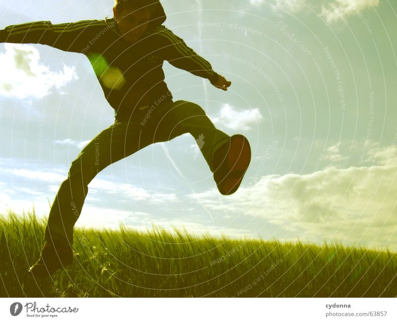 Jump free! Man Jacket Hooded jacket Grass Field Summer Emotions Hop Crazy Playing Posture Human being Facial expression Looking Nature Sky Power Flying Freedom