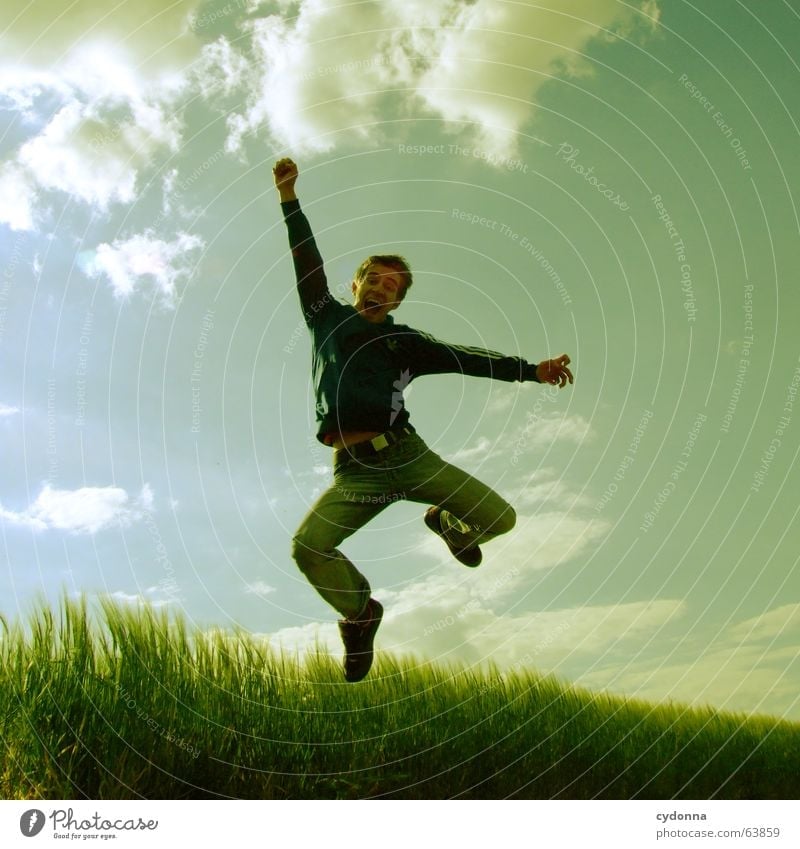 Jump free! #2 Man Jacket Hooded jacket Grass Field Summer Emotions Hop Crazy Playing Posture Scream Human being Facial expression Looking Nature Sky Power