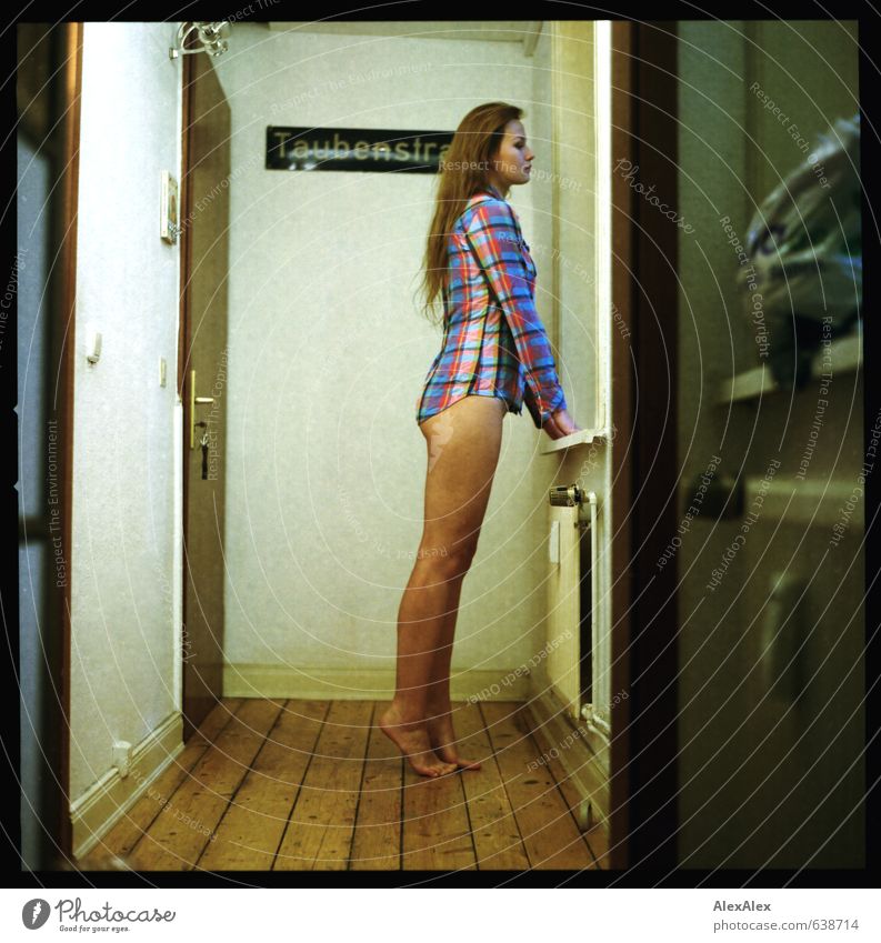 dove road Young woman Youth (Young adults) Legs Feet 18 - 30 years Adults Shirt Checkered Barefoot Blonde Long-haired Floorboards Hallway Medium format Analog