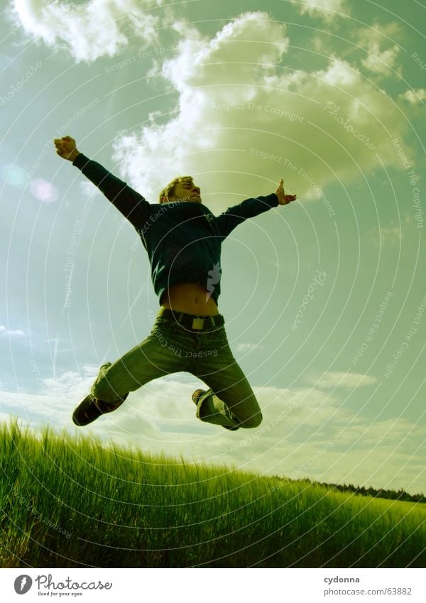 Jump free! #6 Man Jacket Hooded jacket Grass Field Summer Emotions Hop Crazy Playing Posture Scream Youth (Young adults) Human being Facial expression Looking