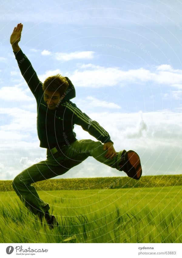 Jump free! #7 Man Jacket Hooded jacket Grass Field Summer Emotions Hop Crazy Playing Posture Scream Youth (Young adults) Human being Facial expression Looking