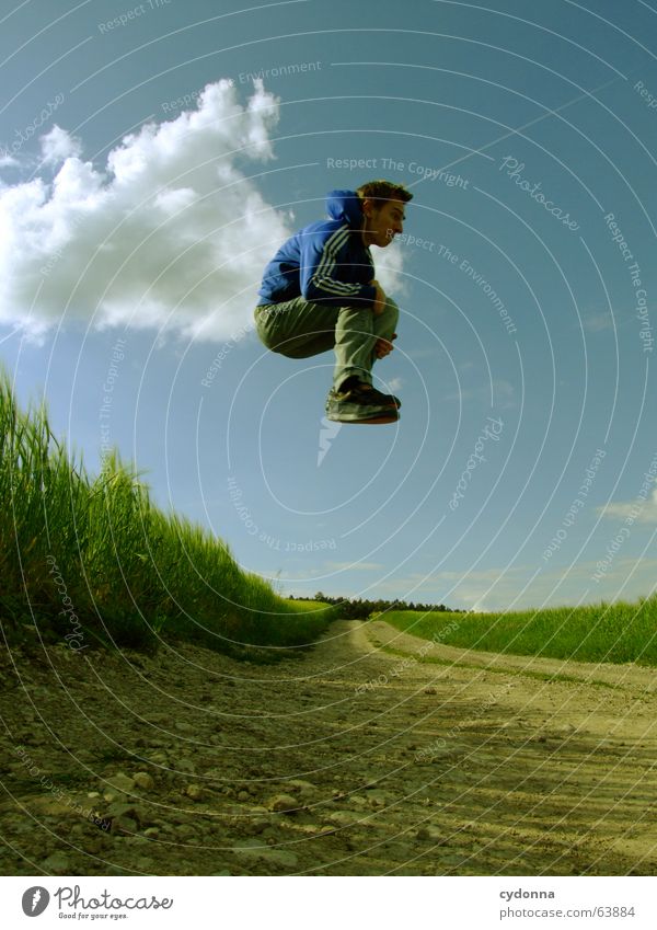 Jump free! #8 Man Jacket Hooded jacket Grass Field Summer Emotions Hop Crazy Playing Posture Scream Youth (Young adults) Clouds Stagnating Human being