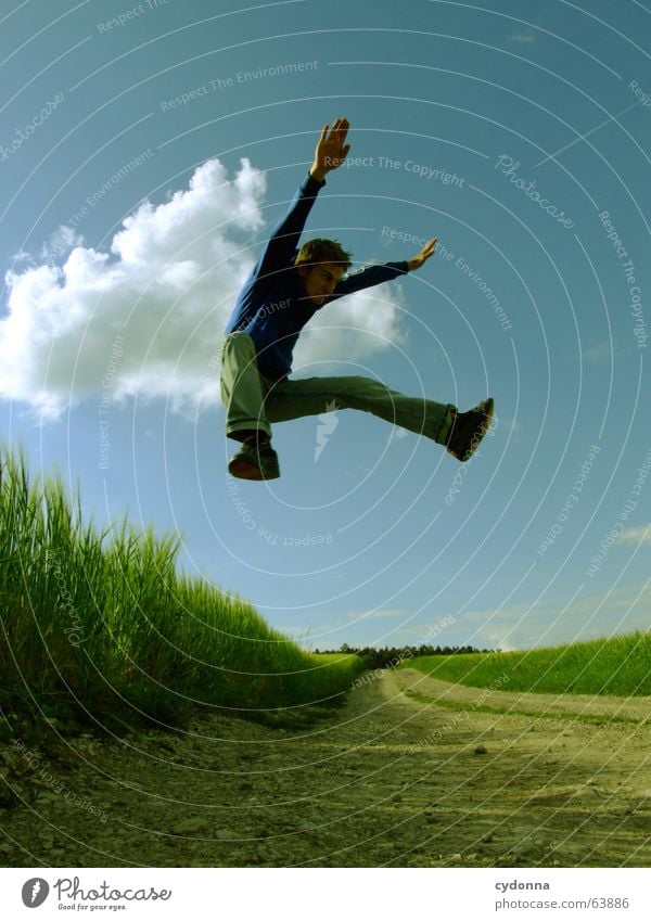 Jump free! #9 Man Jacket Hooded jacket Grass Field Summer Emotions Hop Crazy Playing Posture Scream Youth (Young adults) Human being Facial expression Looking
