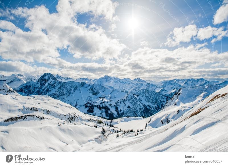 See snow, marvel at mountains Environment Nature Landscape Elements Sky Clouds Sun Sunlight Winter Beautiful weather Ice Frost Snow Rock Alps Mountain Peak