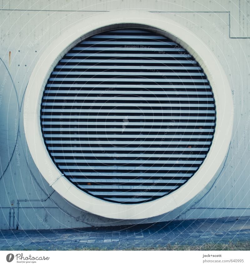 Lines in a circle Technology Ventilation Manmade structures Wall (building) Pipe Metal grid Concrete Large Modern Round Gloomy Design Symmetry Circle