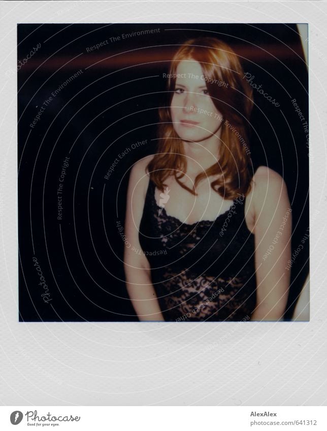 Polaroid of a young, red-haired woman in a black bodice Young woman Youth (Young adults) Hair and hairstyles Face décolleté 18 - 30 years Adults Top Point
