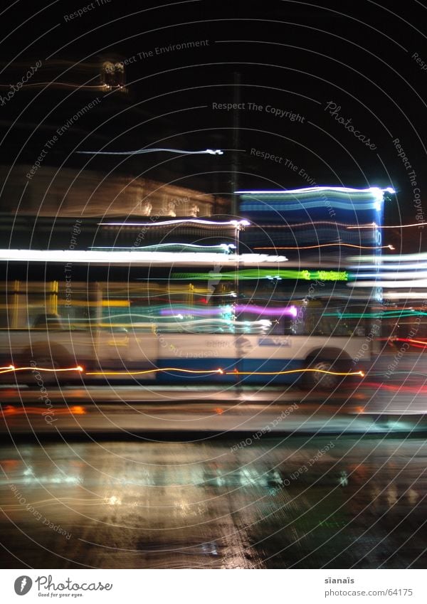 Bus in Lucerne Long exposure Short Time Light Break Stop Hold Transport Night Dark Lamp Acceleration Motion blur Puddle Driving Town Air Breeze Switzerland Open