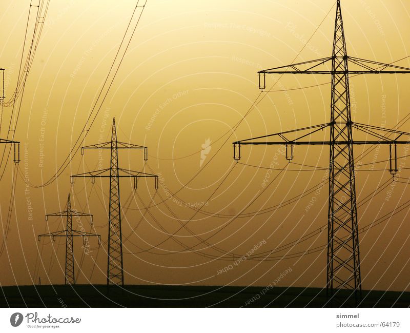 Long (power) line? Electricity pylon Yellow Twilight Energy industry Transmission lines Cable sunset Industrial Photography
