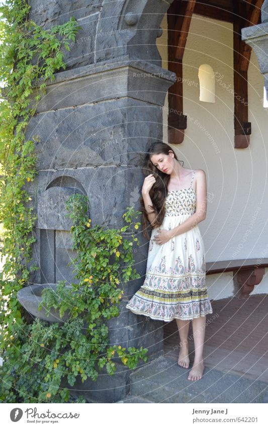 young woman in summer 2 Human being Feminine Young woman Youth (Young adults) Adults 1 18 - 30 years Beautiful weather Dress Barefoot Brunette Long-haired Part