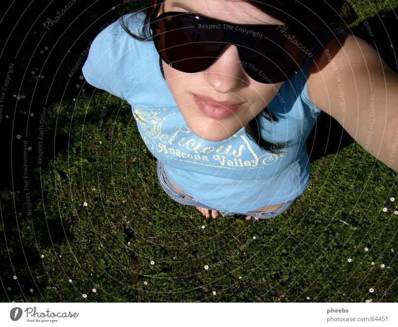 the sun is still shining Sunglasses Woman Meadow Daisy Grass Toes Small Large Lips Face Sky Looking Bright Lawn Upward Mouth Hair and hairstyles