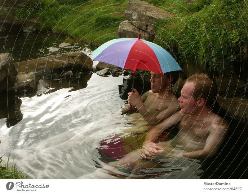 "Open your umbrella or we'll get wet!" Man Hot Source Brook Naked Grass Reflection Umbrella Multicoloured Wet Relaxation Wellness To talk Calm Serene