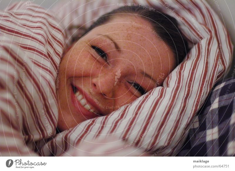not yet tired Woman Young woman Bed Alert Night Cushion Stripe Freckles Joy Beautiful Laughter Face Pillow