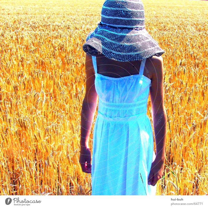 woman in the cornfield Dress Girl Yellow White Brown Field Wheat Physics Midday Light Headless Hand Fingers Hat Human being Far-off places docile Sun Warmth Arm