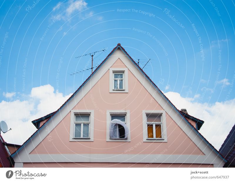 Fresh air through open window Curtain Sky Clouds Middle Franconia Facade Window Antenna Satellite dish Gable roof Authentic Ease Ventilate Open Symmetry