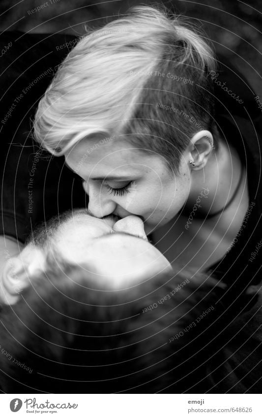 young couple kissing, perspective from above, black and white Masculine Feminine Young woman Youth (Young adults) Young man Couple 2 Human being 18 - 30 years