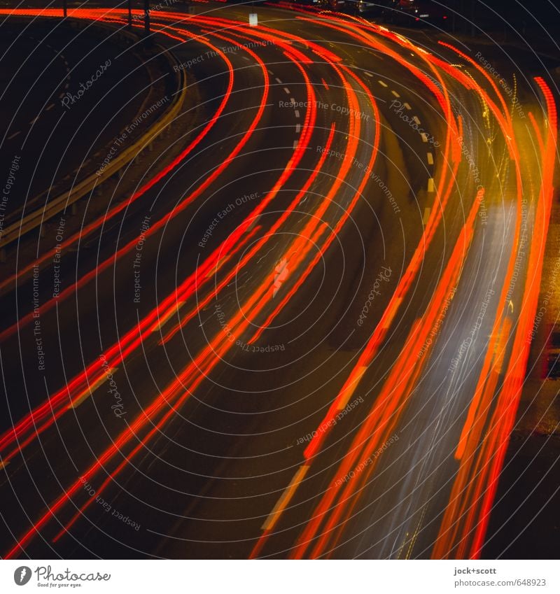 extend & continue Traffic infrastructure Street Road sign Car Driving Illuminate Dark Speed Red Mobility Tracer path Bright Colours Double exposure Curve Detail