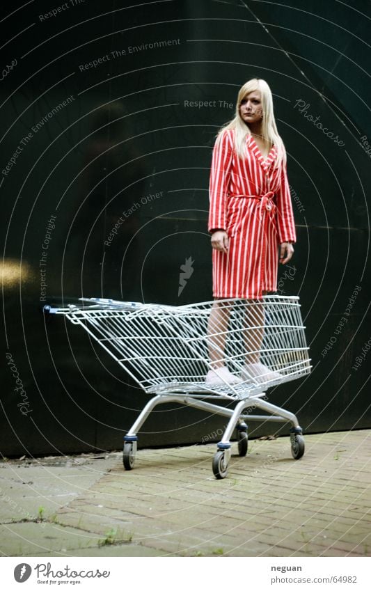 bought as seen Shopping Trolley Goods Woman Blonde Coat Red Striped Stunned special offer erstart...