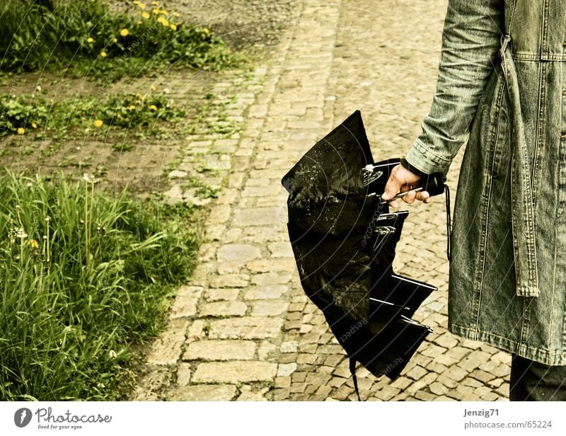 Rainy day. Umbrella Cobblestones Coat Jacket Woman Weather Sidewalk Paving stone