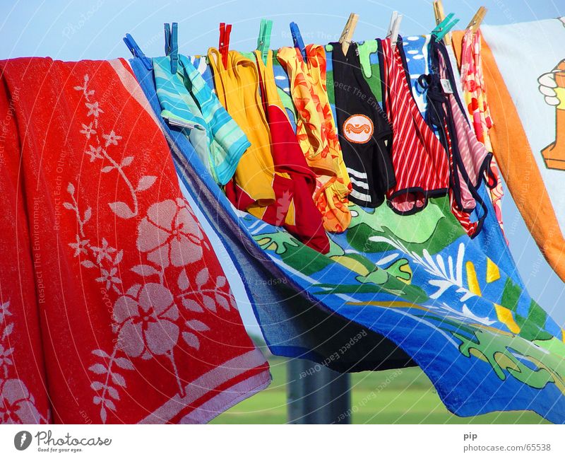 Water Fabric Summer Wind Towel Swimming trunks Swimsuit Wet Damp Dry Clothesline Clothes peg Multicoloured Joy beach towel